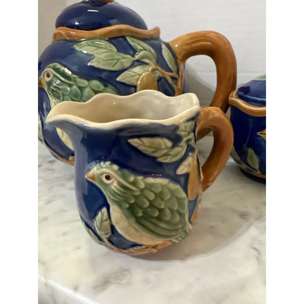 Vtg Majolica Blue Green Partridge and Pear Ceramic Teapot Creamer Sugar 5 pc